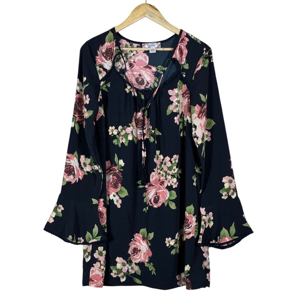 Band of Gypsies Floral Bell Sleeve Mini Dress Navy Pink Boho Tassel Size M
